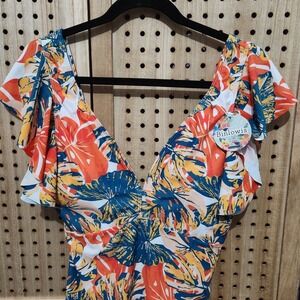 Binlowis Deep V Neck Flounce One Piece Swimsuit Ladies Floral Plunging Beachwear